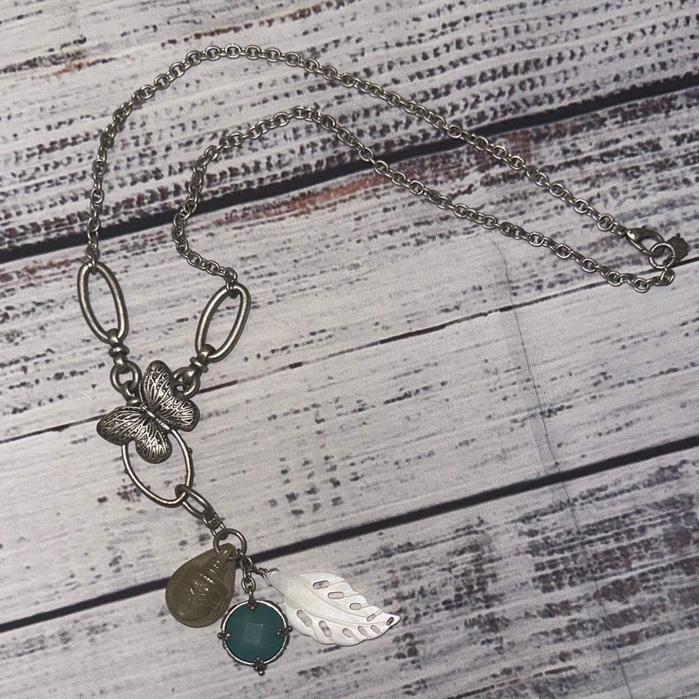 Lucky Brand-Buddha-Silver Butterfly Pendant-MOP Leaf Charm‎ Tassel 20" Necklace